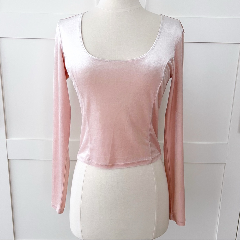 Free Press Velvet Long Sleeve Pink Crop Top